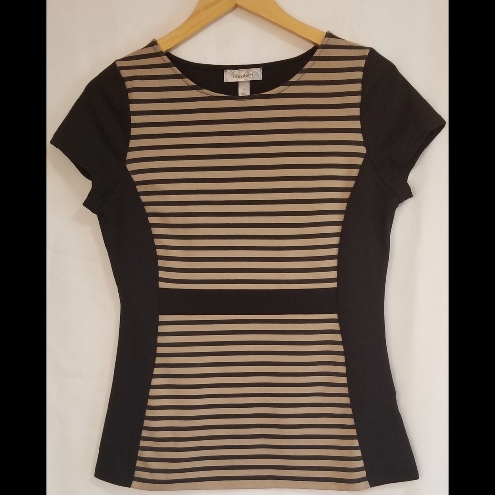 Dressbarn Black and Tan Striped Short-Sleeve Ponte Top Size S